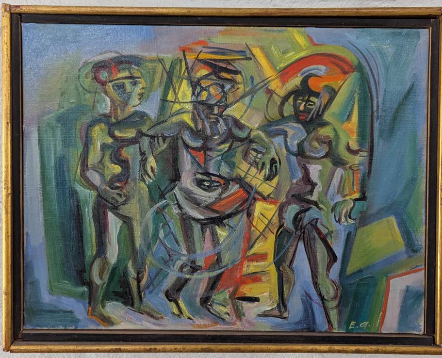 Abstract painting of three figures in vibrant, swirling colors.