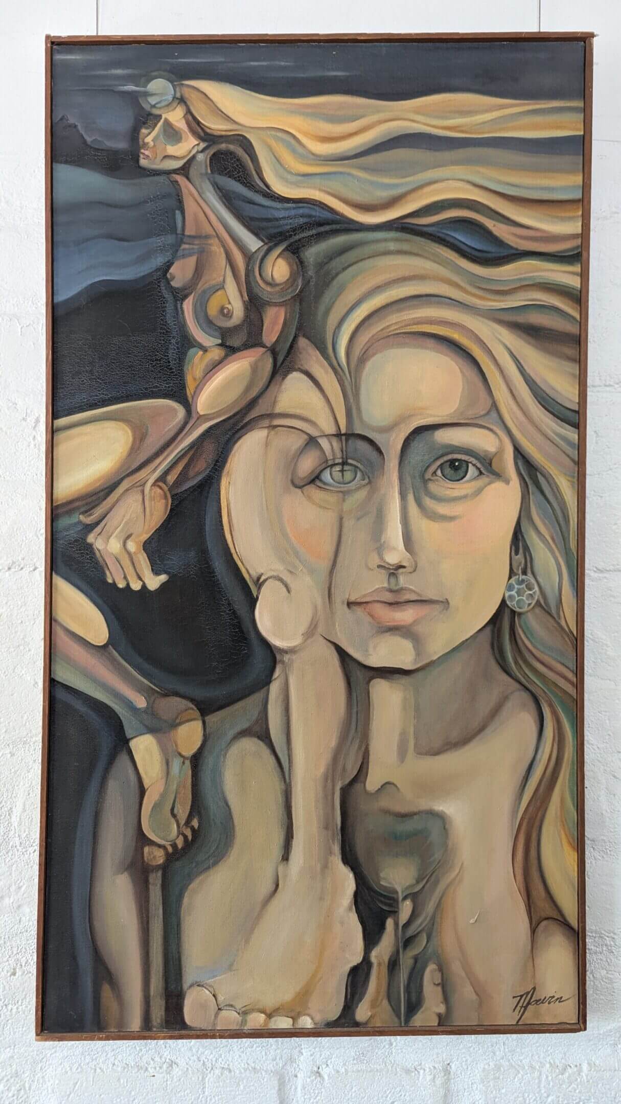 Surreal painting blending a woman's face with an owl and abstract shapes.